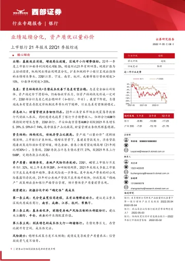 银行业上市银行21年报及22Q1季报综述：业绩延续分化，资产质优以量补价-20220508-西部证券-22页