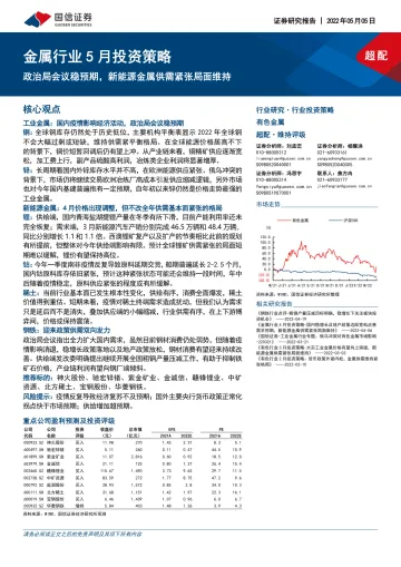 金属行业5月投资策略:政治局会议稳预期,新能源金属供需紧张局面维持-20220505-国信证券-31页