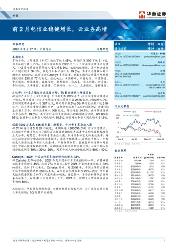 科技行业专题研究:前2月电信业稳健增长,云业务高增-20220327-华泰证券-19页