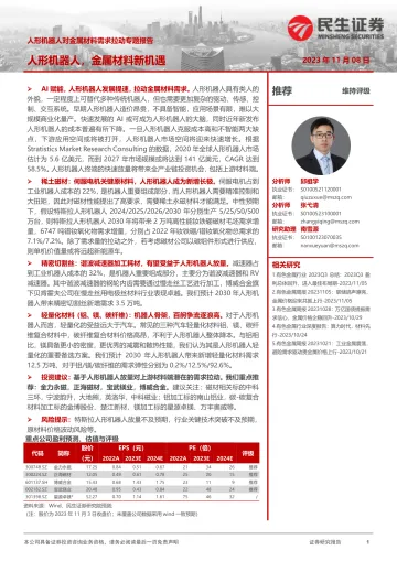 有色金属行业人形机器人对金属材料需求拉动专题报告：人形机器人，金属材料新机遇-20231108-民生证券-46页