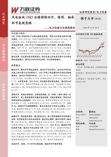 电力设备行业跟踪报告:风电板块25Q3业绩持续回升,塔筒、轴承环节表现亮眼-万联证券 听光Vic