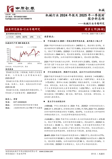 机械行业专题研究:机械行业2024年报及2025年一季报财报分析总结-中原证券 听光Vic