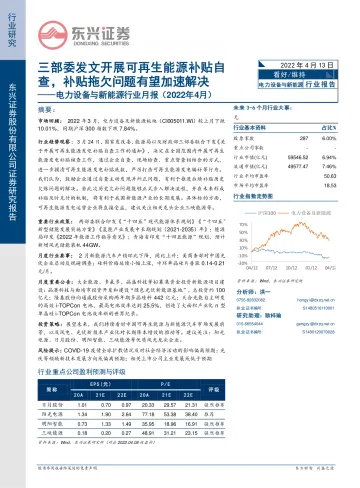 电力设备与新能源行业月报(2022年4月):三部委发文开展可再生能源补贴自查,补贴拖欠问题有望加速解决-20220413-东兴证券-21页