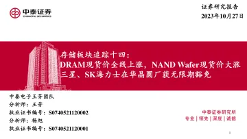 电子行业存储板块追踪十四:DRAM现货价全线上涨,NANDWafer现货价大涨三星、SK海力士在华晶圆厂获无限期豁免-20231027-中泰证券-44页