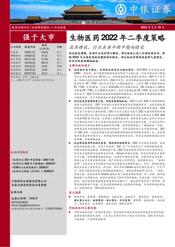 生物医药行业2022年二季度策略:泡沫释放,行业在再平衡中趋向稳定-20220316-中银国际-57页