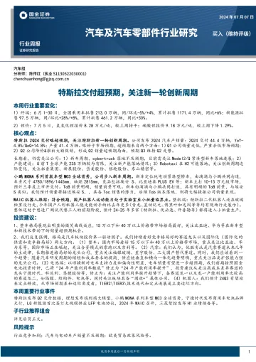 汽车及汽车零部件行业研究:特斯拉交付超预期,关注新一轮创新周期-国金证券 听光vic