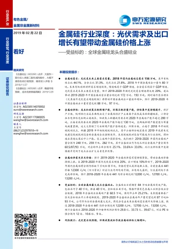 金属硅行业深度:光伏需求及出口增长有望带动金属硅价格上涨~受益标的,全球金属硅龙头合盛硅业-20190222-申万宏源-16页