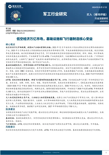 军工行业研究:低空经济万亿市场,基础设施和飞行器制造核心受益-国金证券 听光Vic