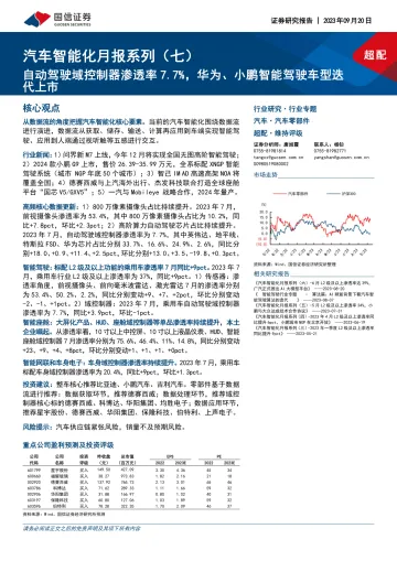 汽车行业智能化月报系列(七):自动驾驶域控制器渗透率7.7%,华为、小鹏智能驾驶车型迭代上市-20230920-国信证券-65页