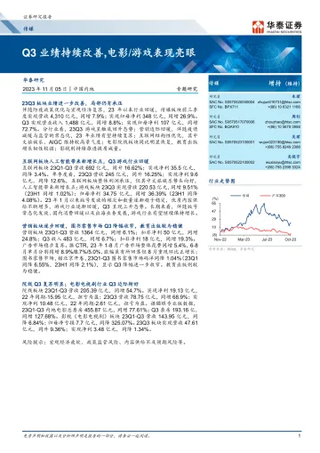 传媒行业专题研究: Q3业绩持续改善,电影游戏表现亮眼-20231105-华泰证券-29页