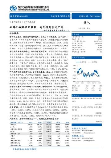 海尔智家(600690)深度系列报告(二),品牌化战略硕果累累,海外提升空间广阔-东北证券-20220302