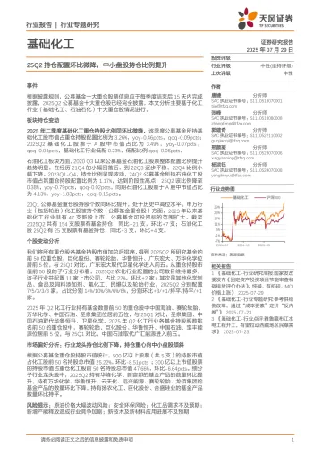 基础化工行业专题研究:25Q2持仓配置环比微降,中小盘股持仓比例提升-天风证券 听光Vic