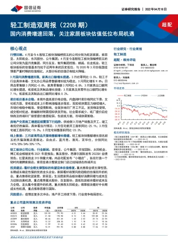 轻工制造行业双周报（2208期）：国内消费增速回落，关注家居板块估值低位布局机遇-20220418-国信证券-18页