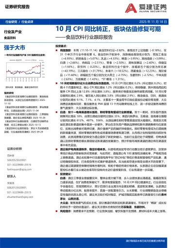 食品饮料行业跟踪报告:10月CPI同比转正,板块估值修复可期-爱建证券 听光Vic