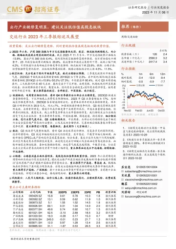 交运行业2023年三季报综述及展望：出行产业链修复明显，建议关注低估值高股息板块-20231106-招商证券-29页
