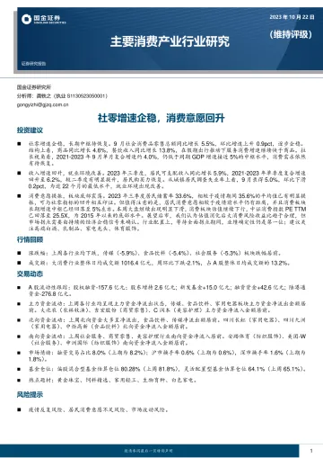 主要消费产业行业研究:社零增速企稳,消费意愿回升-20231022-国金证券-18页