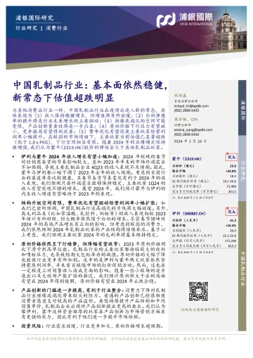中国乳制品行业:基本面依然稳健,新常态下估值超跌明显-浦银国际 听光vic