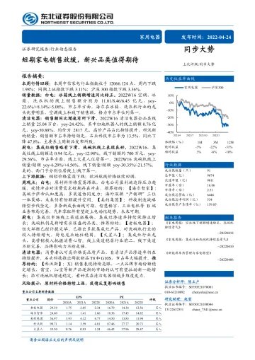 家用电器行业:短期家电销售放缓,新兴品类值得期待-20220424-东北证券-16页