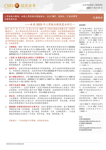 A股2023年三季报业绩深度分析之一:三季报要点解读,A股三季度盈利增速转正,关注TMT、资源品、可选消费等业绩修复机会-20231031-招商证券-20页