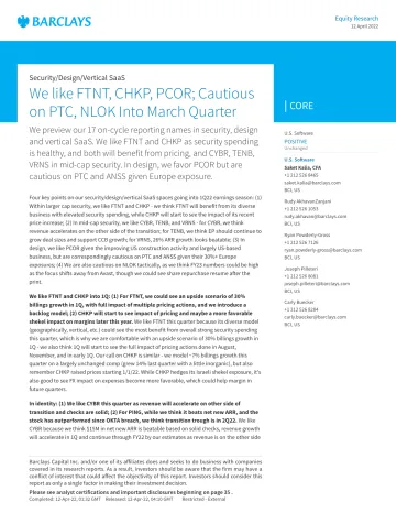 巴克莱-美股软件行业-偏好FTNT, CHKP, PCOR;对进入3月季度的PTC和NLOK持谨慎态度-2022.4.12-40页