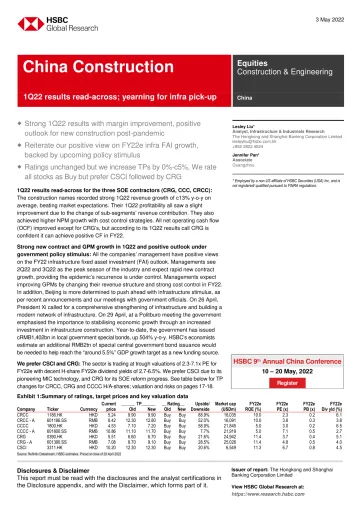 HSBC-中国建筑与工程行业-2022年第一季度成果解读;渴望基础设施提升-2022.5.3-30页