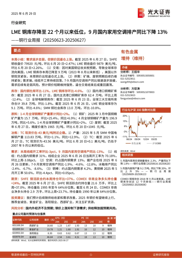202508月更新-LME铜库存降至22个月以来低位，9月国内家用空调排产同比下降13％