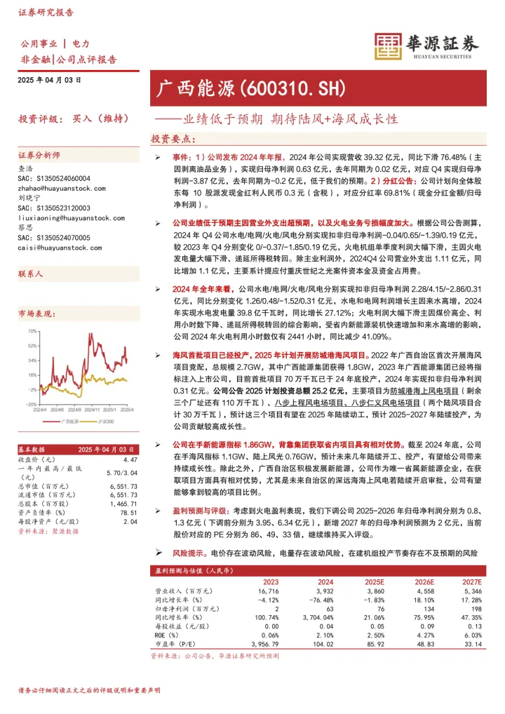 业绩低于预期 期待陆风+海风成长性