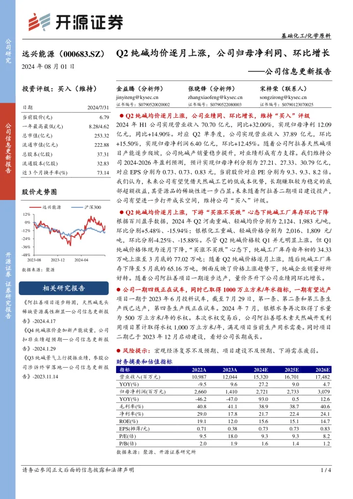 公司信息更新报告：Q2纯碱均价逐月上涨，公司归母净利同、环比增长