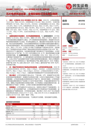 2024年年报及2025年一季报点评:芯片电感快速放量,金属软磁粉芯龙头地位稳固