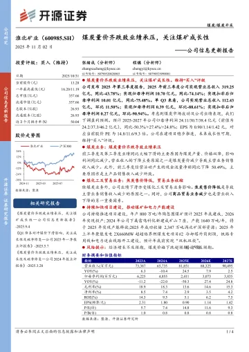 公司信息更新报告：煤炭量价齐跌致业绩承压，关注煤矿成长性