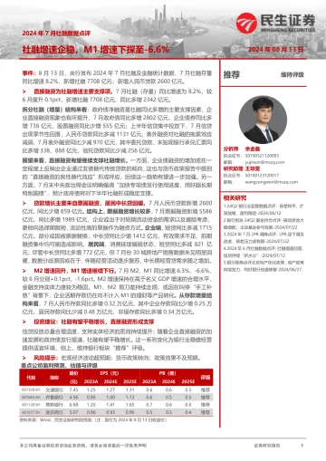 银行2024年7月社融数据点评:社融增速企稳,M1增速下探至-6.6%