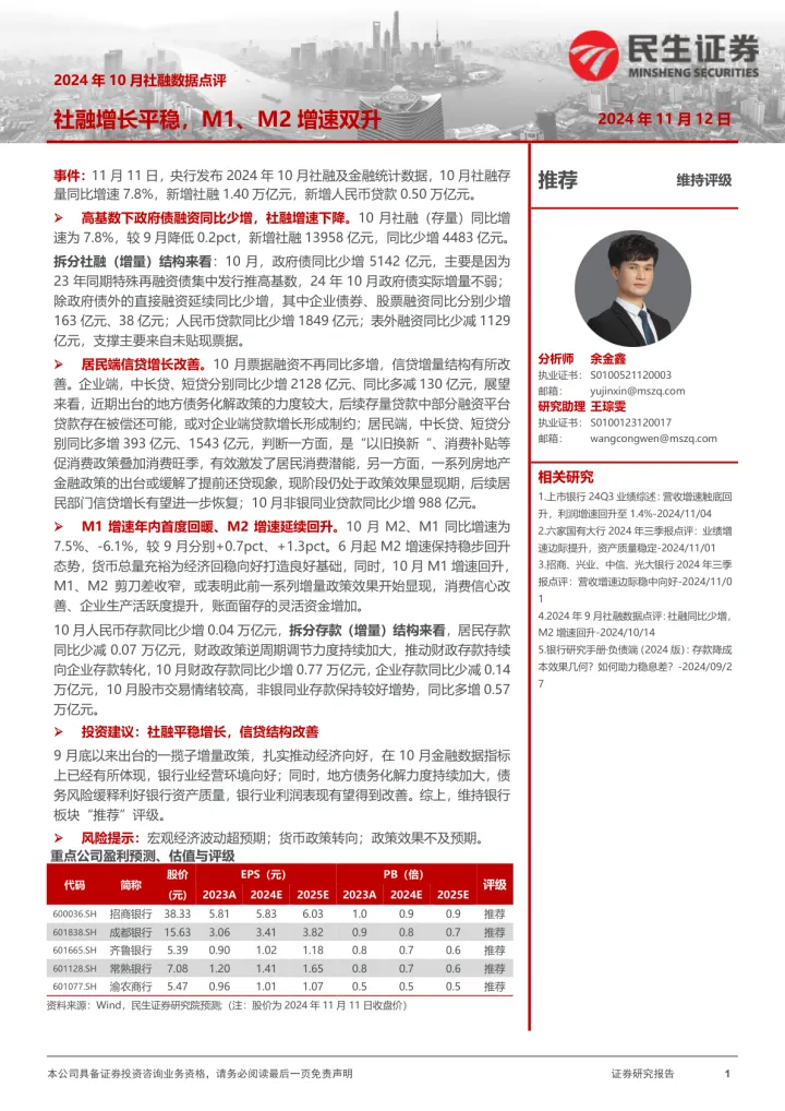 2024年10月社融数据点评：社融增长平稳，<em>M1</em>、M2增速双升