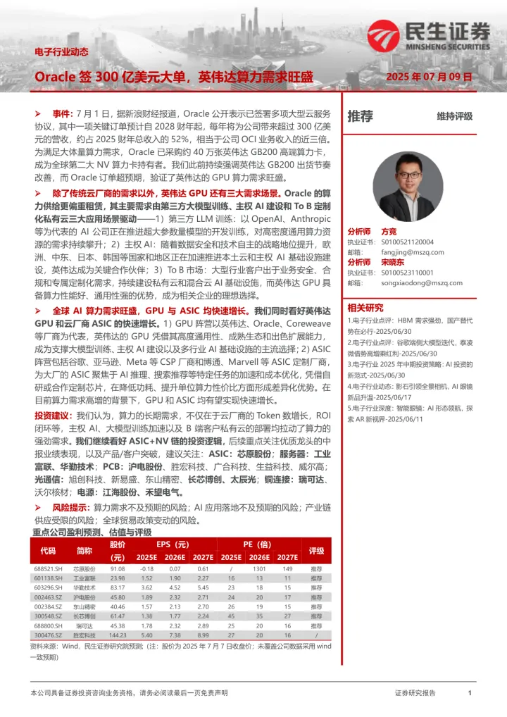 电子行业动态：Oracle<em>签</em>300亿美元大单，英伟达算<em>力</em>需求旺盛