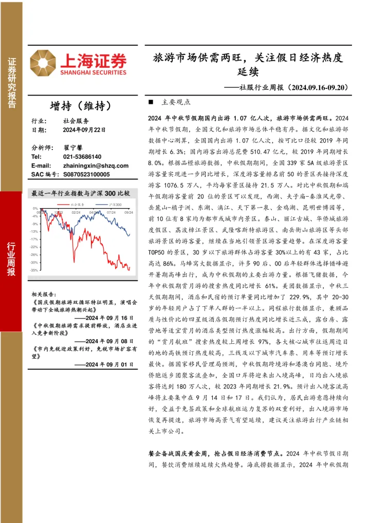 社<em>服</em>行业周报：旅游市场供需两<em>旺</em>，关注假日经济热度延续