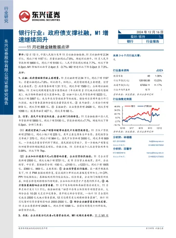 11月社融金融数据点评:银行行业:政府债支撑社融,M1增速继续回升