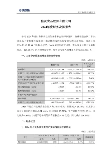ST佳沃：2024年度财务决算