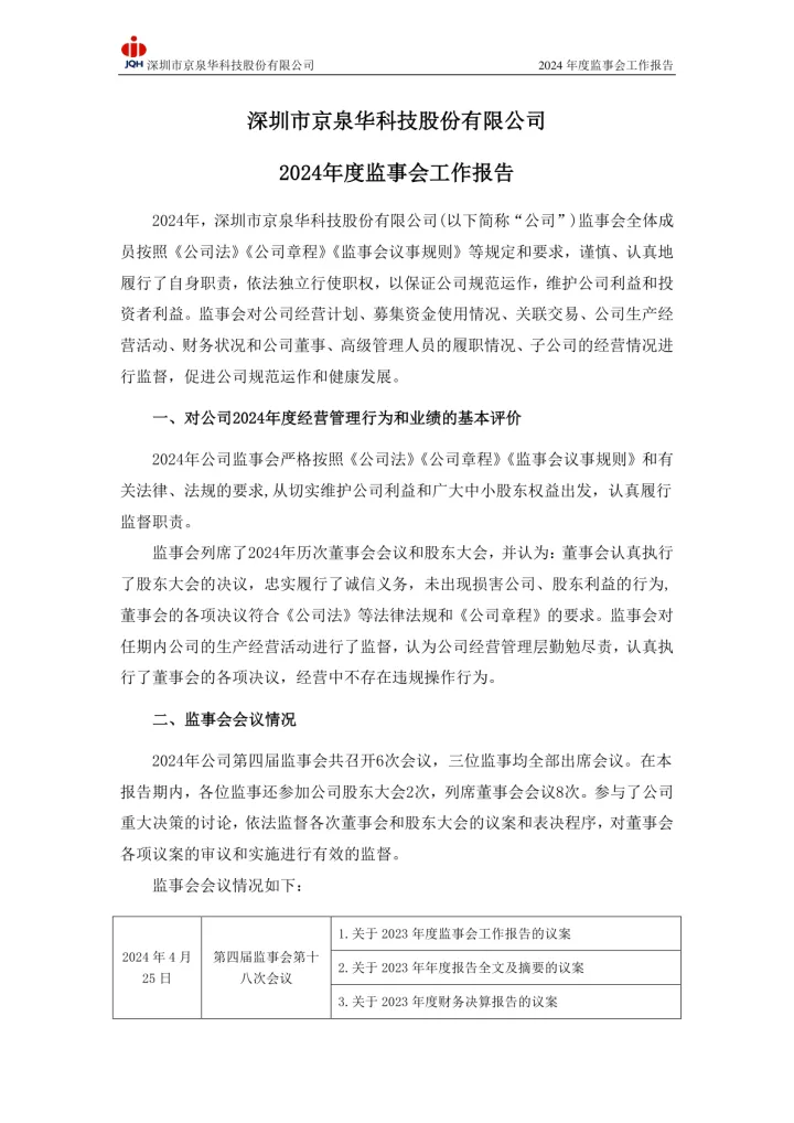 京泉华：2024年度监事会工作