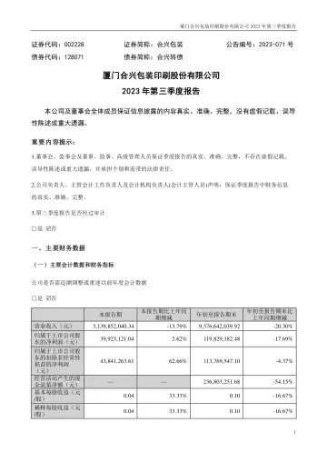 合兴包装：2023年三季度