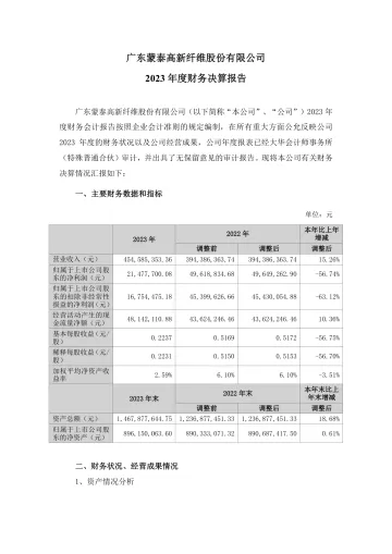 蒙泰高新：2023年年度财务