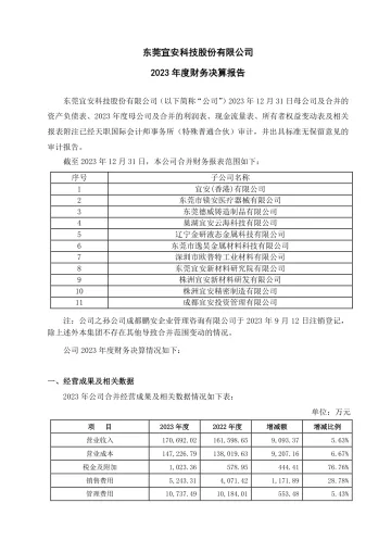 宜安科技：宜安科技2023年度财务决算