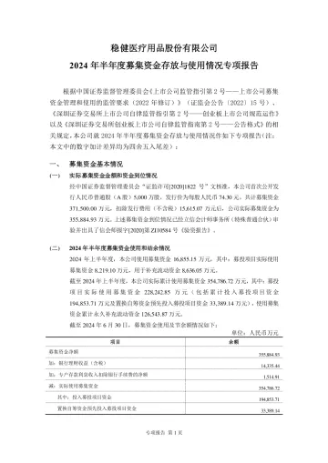 稳健医疗：2024年半年度募集资金存放与使用情况专项
