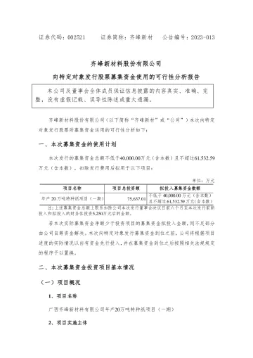 齐峰新材：向特定对象发行股票募集资金使用的可行性分析