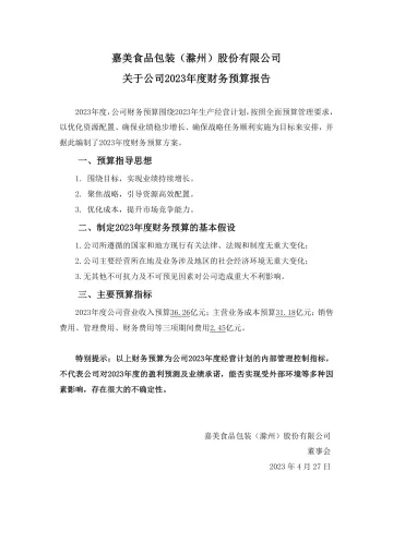 嘉美包装：2023年度财务预算
