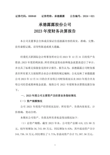 承德露露：2023年度财务决算