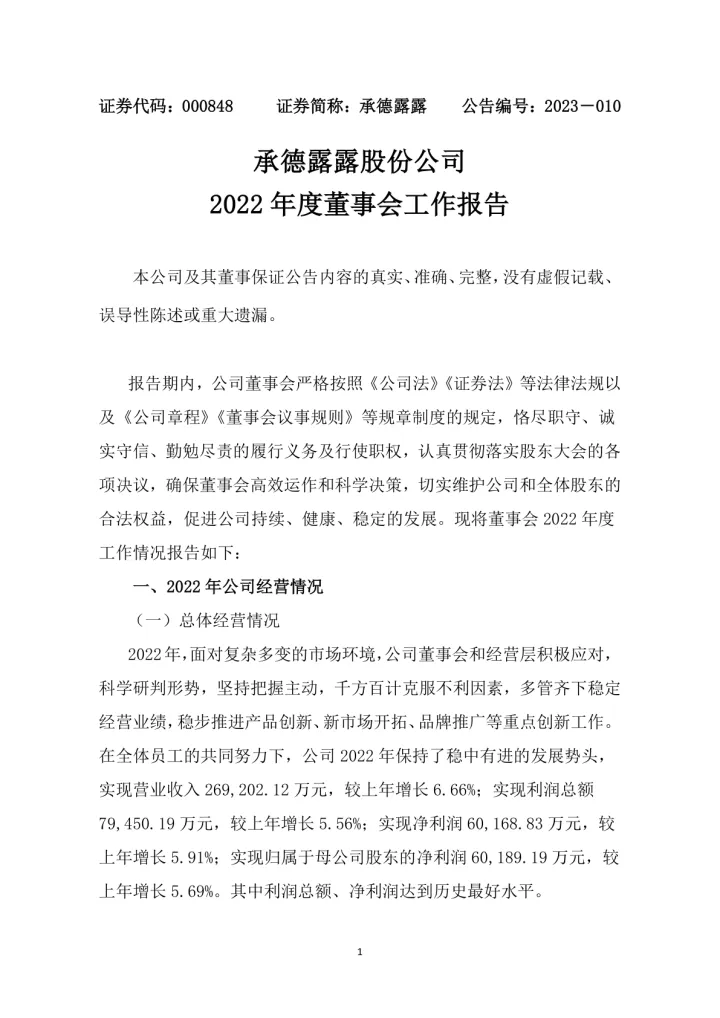 承德露露：2022年度董事会工作