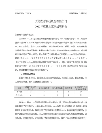大博医疗：2022年度独立董事述职
