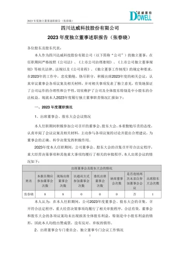 达威股份：2023年度独立董事述职