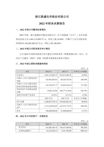 联盛化学：浙江联盛化学股份有限公司2022年财务决算
