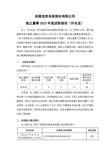 拓维信息：独立董事2022年度述职