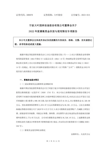 大叶股份：2022年度募集资金存放与使用情况的专项